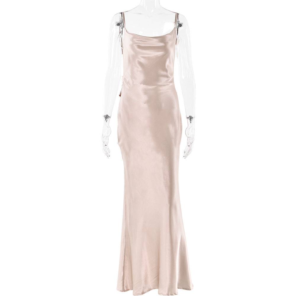 2025 Popular trade popular summer new satin dress suspender backless sexy slim evening dress long dress New