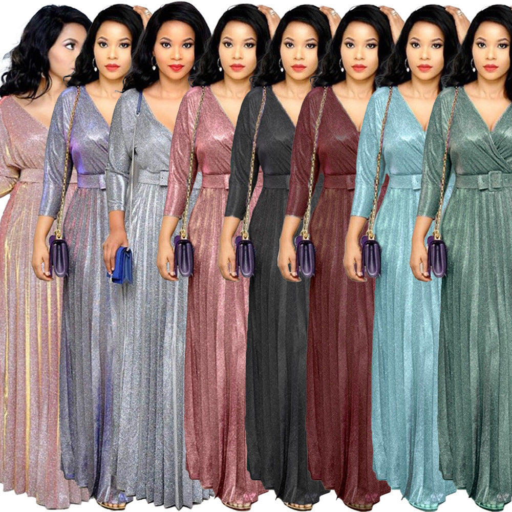 2025 spring New Popularan, 2025n and African women's fashion long-sleeved bronzing pleated pendulum skirt with belt bright pink dress