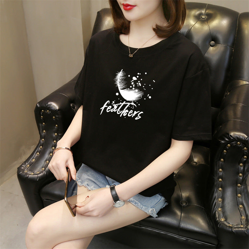 In Stock Factory Summer New Korean Style Short Sleeve T-shirt Women's round Neck Cotton Printed Top Trendy Casual Women's Clothing