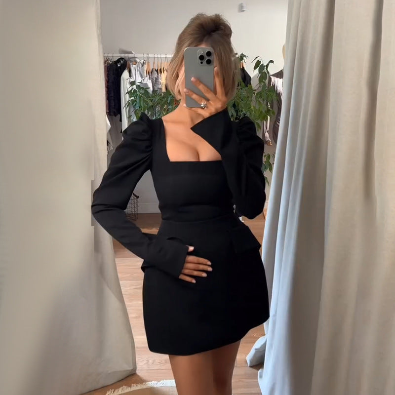 VAKKV 2025 Autumn and winter popular style women's clothing new fashion temperament elegant slim square neck long sleeve short dress women