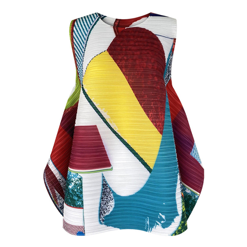 summer new pleated women's clothing design sense round neck printed vest pullover loose casual t-shirt top women