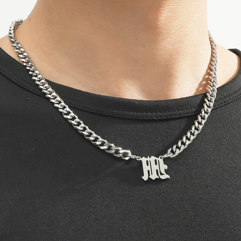 Cross-Border Hot Selling Stainless Steel English Letter Pendant Necklace Ins Cuban Necklace Hip Hop Street Trend New Product