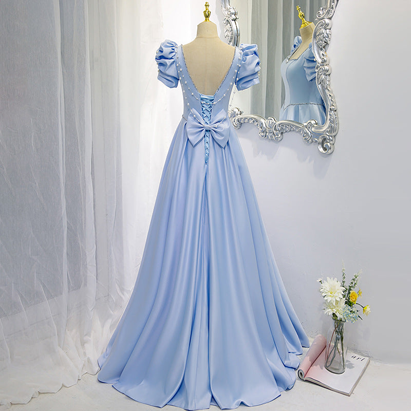 VSKKV Evening Dress Women's Spring New Banquet Texture Performance Vocal Solo Bow Backless Evening Dress