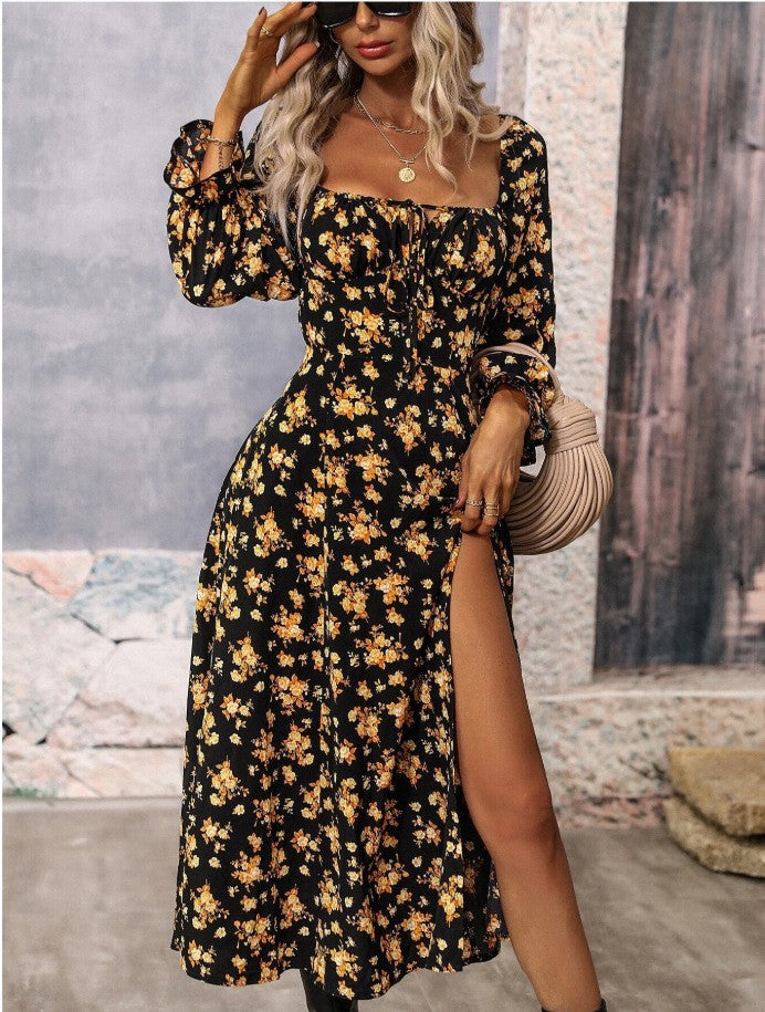 Cross-Border Foreign Trade European and American Women's Clothing Spring Independent Station Printing Long Sleeve Square-Neck Bottom Slit Dress