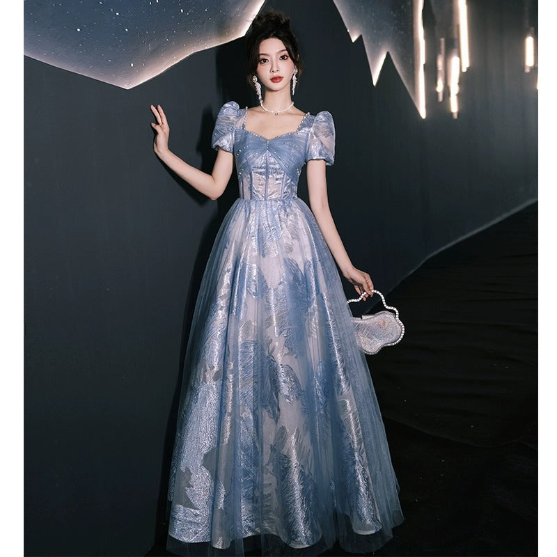 Blue banquet evening dress 2024 new French luxury niche high-end temperament adult ceremony senior sense host