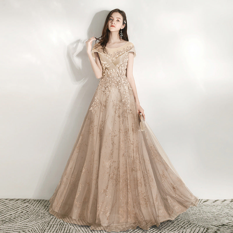 VAKKV Banquet Evening Dress Women's V-neck New Host Long Slimming Heavy Handmade Annual Meeting Art Exam European and American Dress