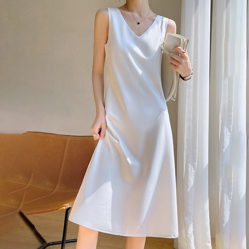 24 New High end Acetic Acid Sling Skirt Women's Long Off Shoulder Satin Sling Dress Mid length Summer Women's Outwear