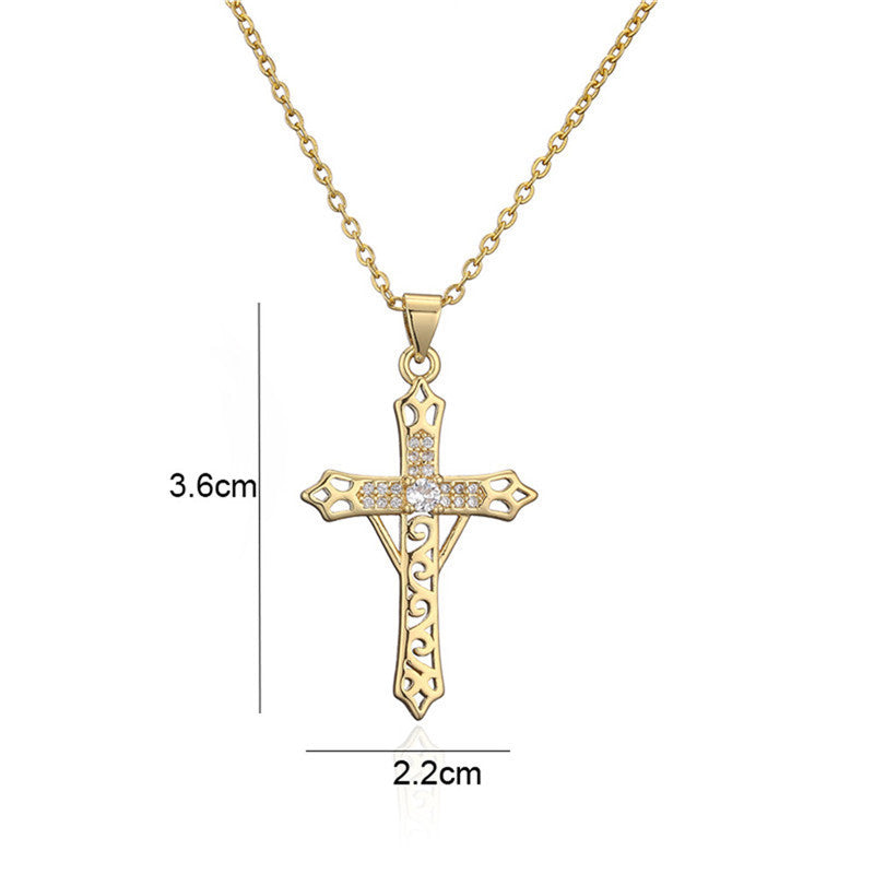 INS Vintage Gold Cross Necklace Personalized Pendant Zircon European and American Style Necklace Special-Interest Design Titanium Steel Clavicle Chain
