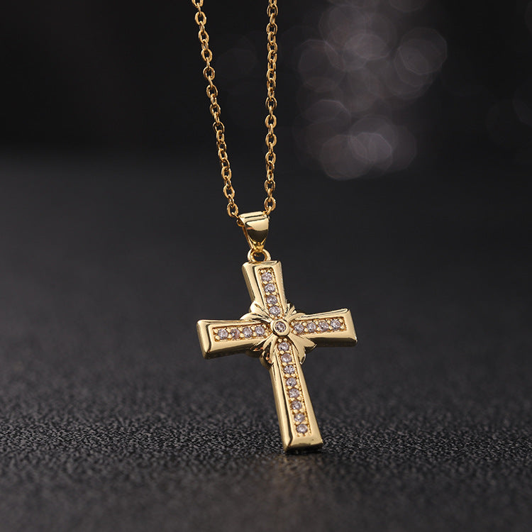 INS Vintage Gold Cross Necklace Personalized Pendant Zircon European and American Style Necklace Special-Interest Design Titanium Steel Clavicle Chain
