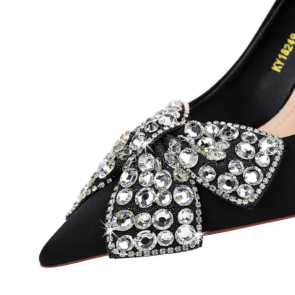 2025 18249-AH29 Korean version banquet high heels stiletto high heel satin light mouth pointed rhinestone bow women's shoes