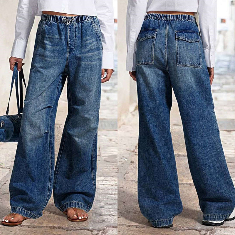 VAKKV 2025 spring new 2025 cross-border mid-waist wide-leg pleated loose jeans women's street retro straight-leg pants