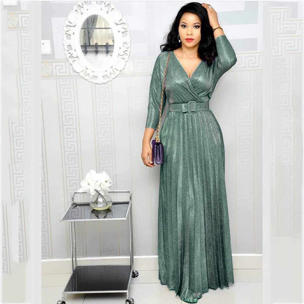 2025 spring New Popularan, 2025n and African women's fashion long-sleeved bronzing pleated pendulum skirt with belt bright pink dress