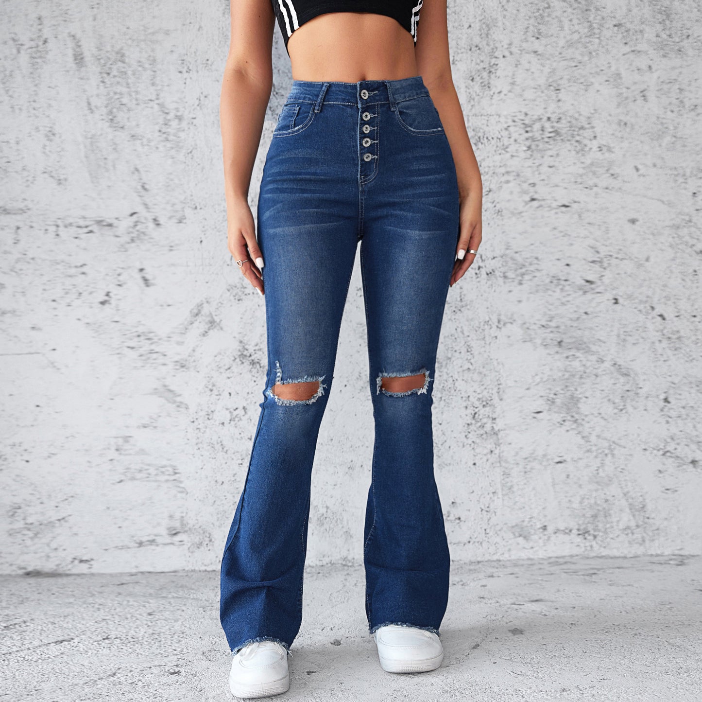 VAKKV Spring and summer Popular trade new ebay independent station wish amazon slim high waist high elastic hole denim trousers women