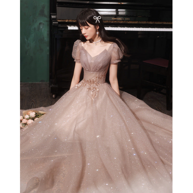 VAKKV Evening Dress Women's High-End Art Exam Host Graduation Adult Ceremony Light Luxury Minority Bridesmaid Dress High-End Engagement Dress