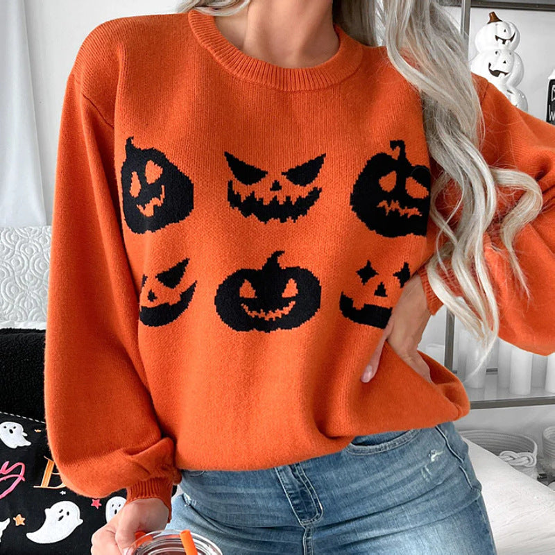 popular New Cross-border Halloween Knitted Top Women's Crew Neck Long Sleeve Fashion Versatile Jacquard Sweater Women