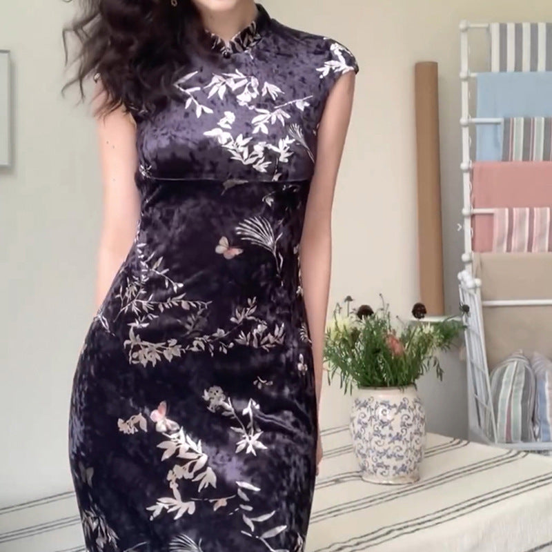 VAKKV 2025 PC058 New Midie Fragrance Early Spring New Chinese Velvet Cheongsam Dress Slim Fit Hip Wrap Long Dress Women