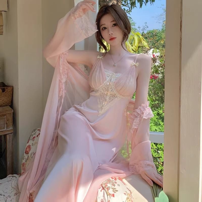 2025 morning robe women's wedding pajamas red natal year long pure desire wind suspender nightdress with chest pad two-piece set tide