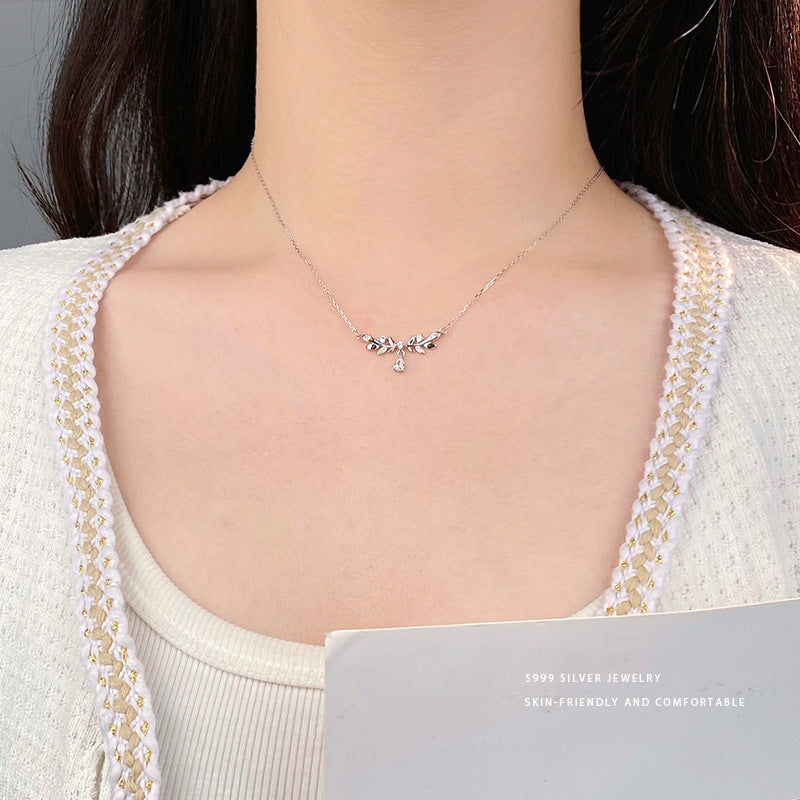 vakkv Aobao S999 Pure Silver Exquisite Leaf Water Drop Zircon Necklace Women's Light Luxury High-Grade Sense for Girlfriend Clavicle Chain for Delivery