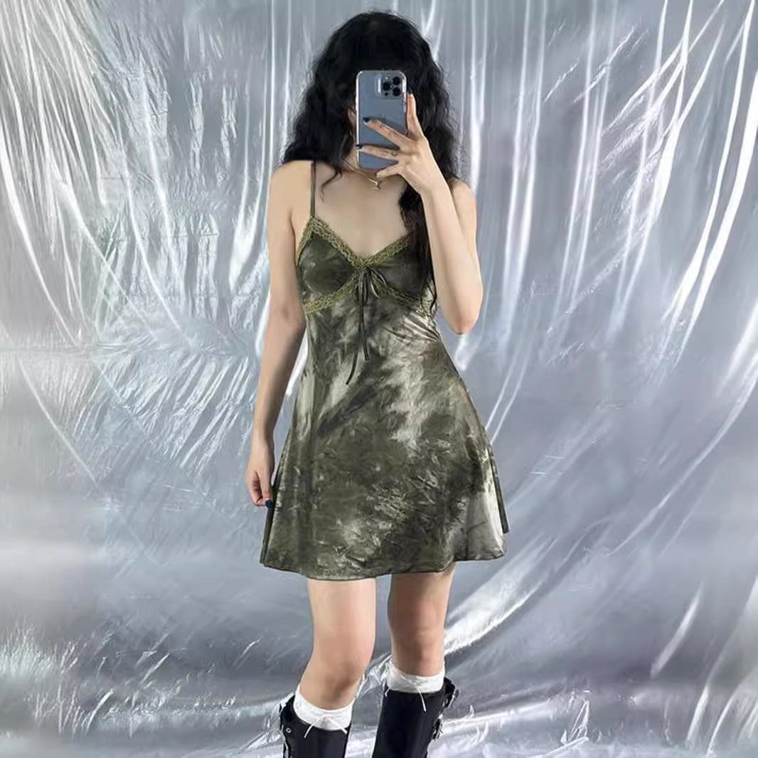VAKKV 2025 AC136 New style, tie-dye lace, bow waist suspender V-neck Spice Girl Dress Dress Women