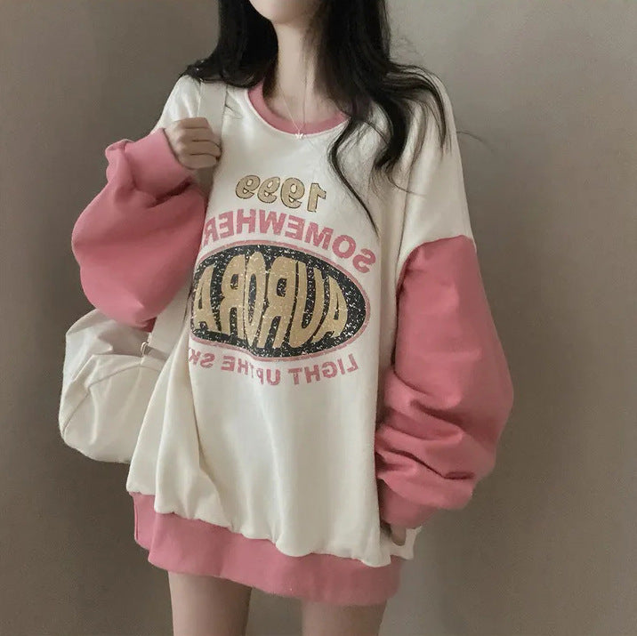 VAKKV Manufacturer college style color matching crew neck sweater women's loose thin lazy oversize Korean chic spring and autumn coat