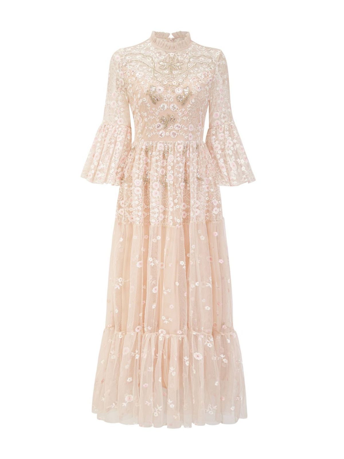 Pink string piece small flower mesh embroidered dress, 7 cm long flared sleeves, long dress, birthday party dress