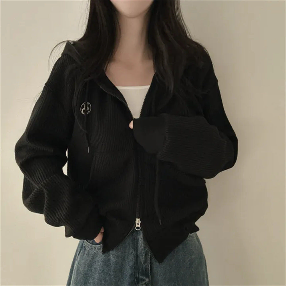 VAKKV Manufacturer Small loose zipper cardigan jacket Large size clothes Korean version hooded thin waffle sweater women