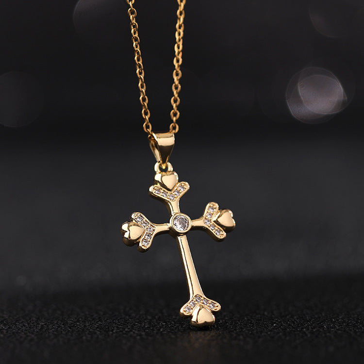 INS Vintage Gold Cross Necklace Personalized Pendant Zircon European and American Style Necklace Special-Interest Design Titanium Steel Clavicle Chain