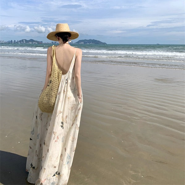 2025 National style new Chinese butterfly print suspender dress women's summer seaside vacation loose big pendulum super fairy backless dress