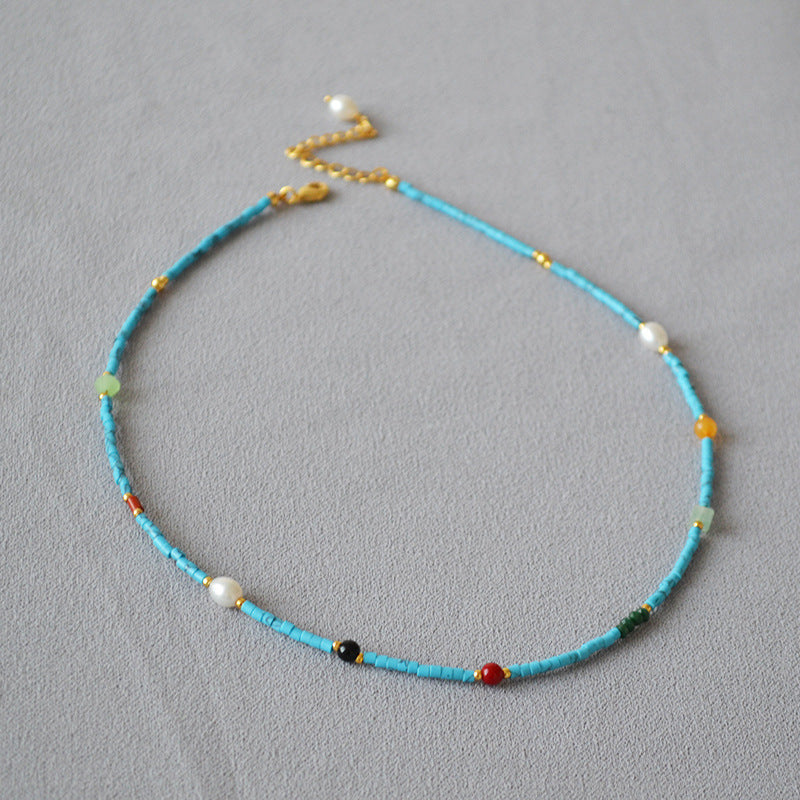 Vintage Court Style Ultra Fine Blue Turquoise Colorful Pearl GEM Ultra Fine Necklace Clavicle Chain Female Special-Interest Design