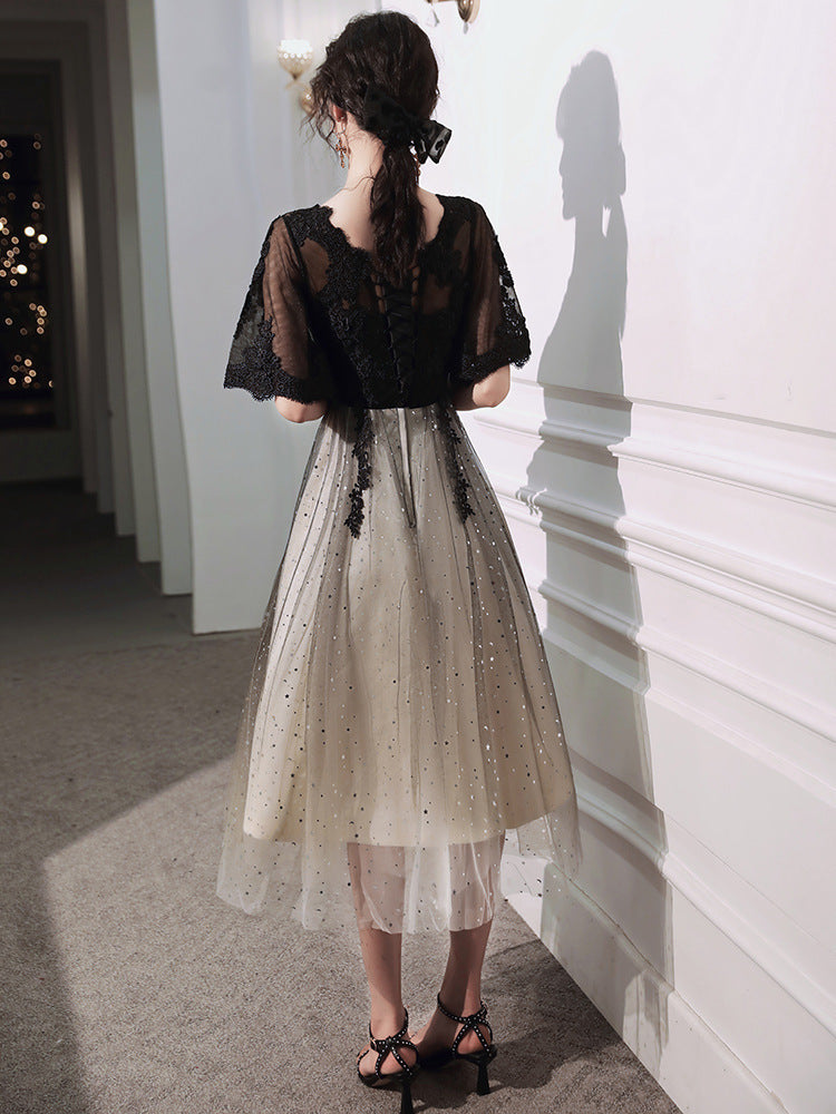 Annual Party Evening Dress Female New Spring and Summer Temperament Banquet Cover Belly Black Slimming Daily Style Host
