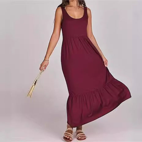 Cross Border Hot Summer Sleeveless Vest Dress Expansion Skirt Casual Elegant Layered Beach Pocket Dress for Women