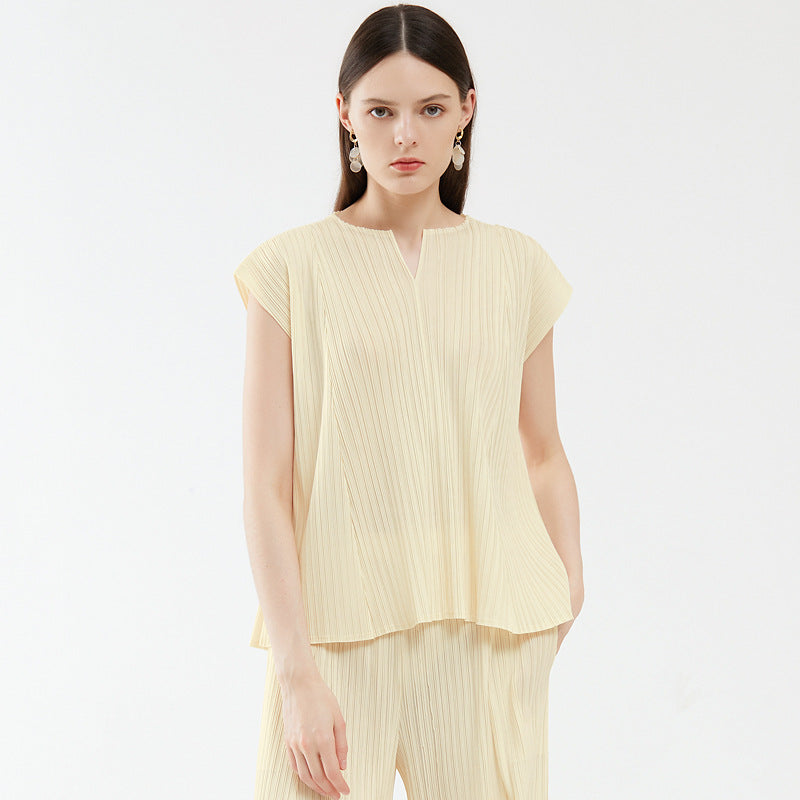 new summer women's clothing V-neck top fashion loose and thin wide-leg pants fashion suit casual two-piece set