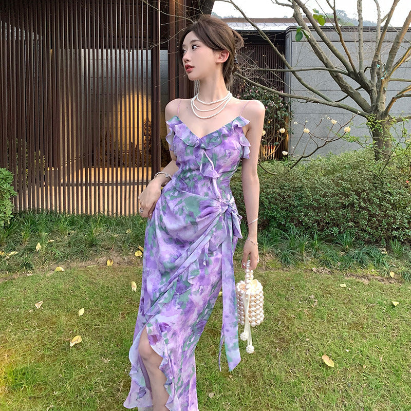 2025 Hong Kong style printed fungus edge suspender skirt women's summer new pure desire temperament waist thin holiday fishtail dress