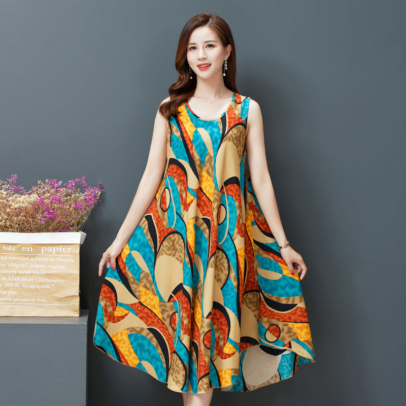 Large Size Bourette Vest Dress Summer New Ethnic Style Women's Clothing Artistic Retro Printing Sleeveless Swing Long Dress