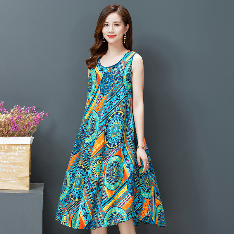 Large Size Bourette Vest Dress Summer New Ethnic Style Women's Clothing Artistic Retro Printing Sleeveless Swing Long Dress
