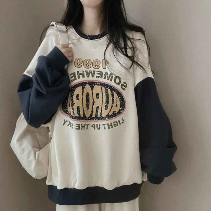 VAKKV Manufacturer college style color matching crew neck sweater women's loose thin lazy oversize Korean chic spring and autumn coat