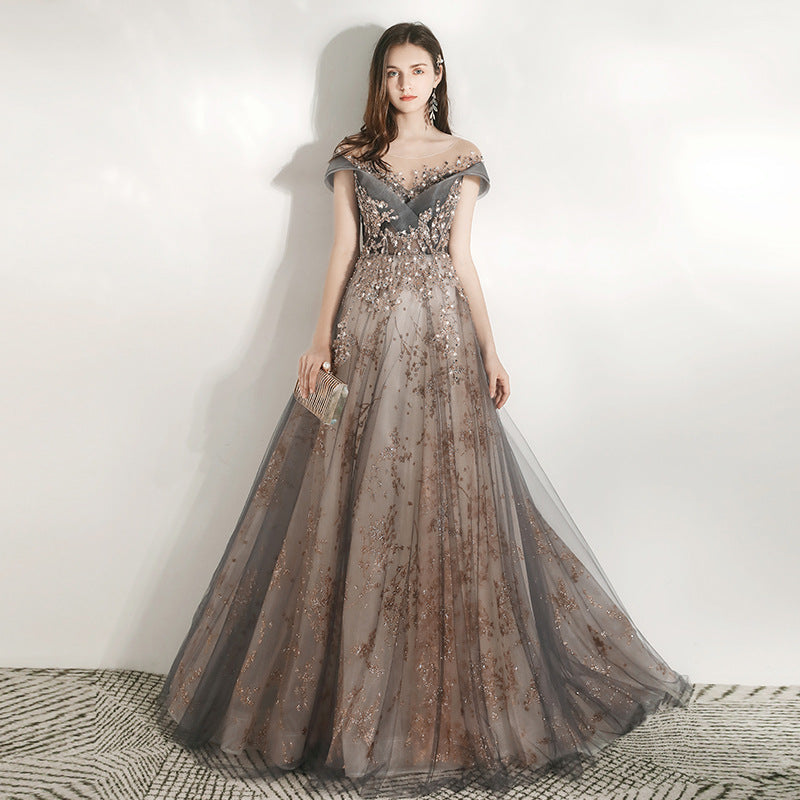 VAKKV Banquet Evening Dress Women's V-neck New Host Long Slimming Heavy Handmade Annual Meeting Art Exam European and American Dress