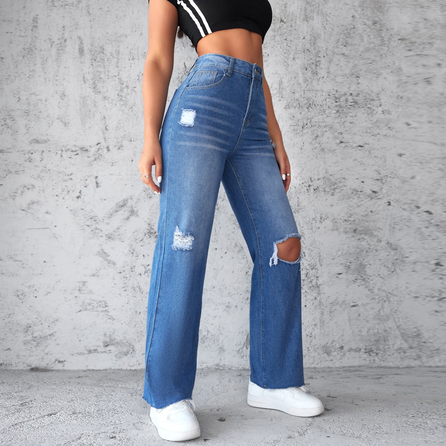 VAKKV Factory direct sales popular 2025 New Popular trade straight jeans women's washed holes non-elastic wide-leg trousers spot