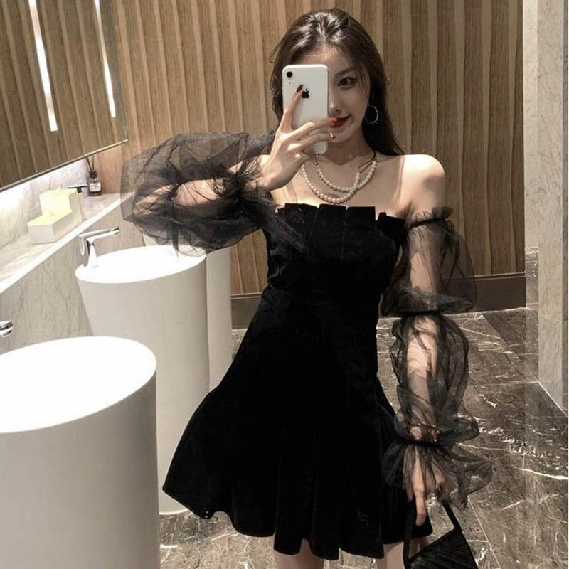 New Spring and Summer New Temperament Mesh Puff Sleeve Girl's Black Dress off-the-Shoulder Fitted Waist Bubble Dress Women's Clothing