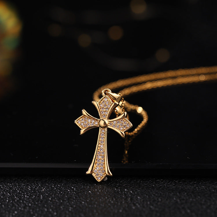 INS Vintage Gold Cross Necklace Personalized Pendant Zircon European and American Style Necklace Special-Interest Design Titanium Steel Clavicle Chain