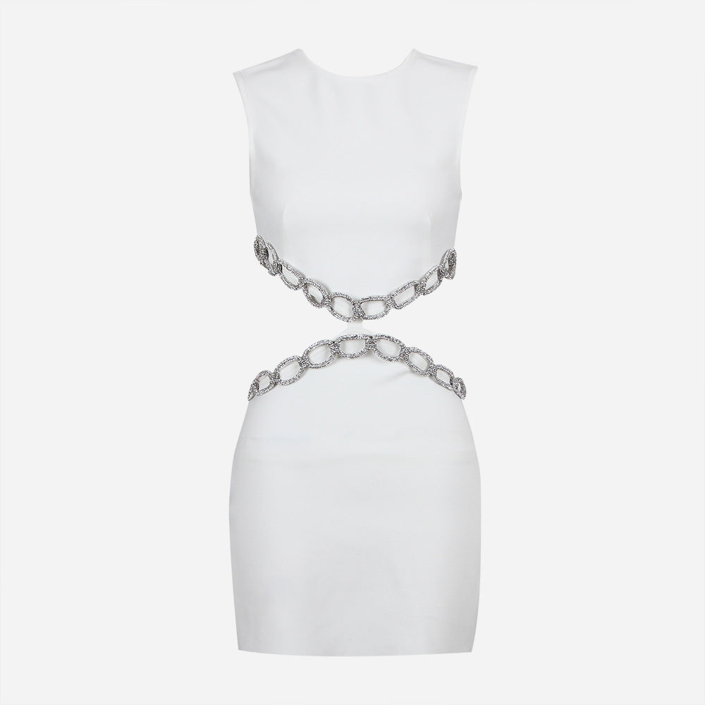 Summer New European and American Sexy Hollow Rhinestone Sleeveless Bandage One-Piece Dress Banquet Party Small Dress