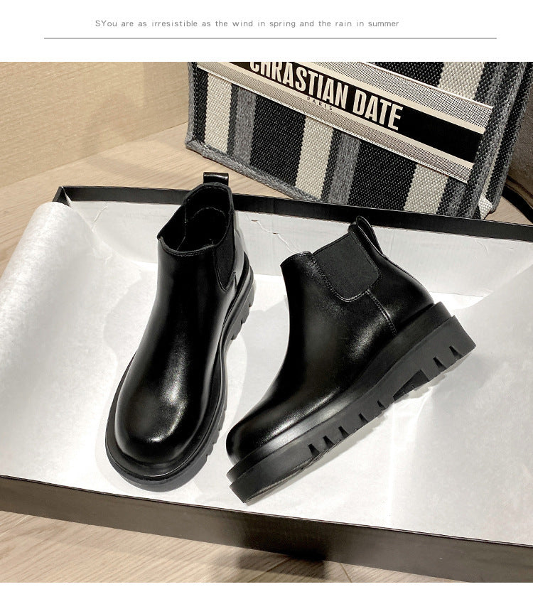 2025 Cowhide version~ New inner height-increasing Martin boots women's British style velvet short tube thick-soled Chelsea short boots cigarette boots