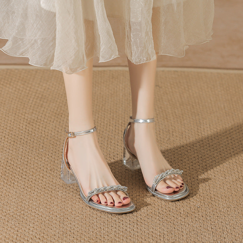 Women's Chunky Heel Sandals Summer New Style Middle Heel Rhinestone High-Grade Silver One-Strap Beautiful High Heels