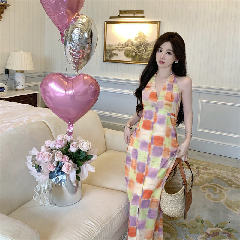 2025 2025 summer cross plaid neck split suspender dress vacation style pure desire spice girl waist dress