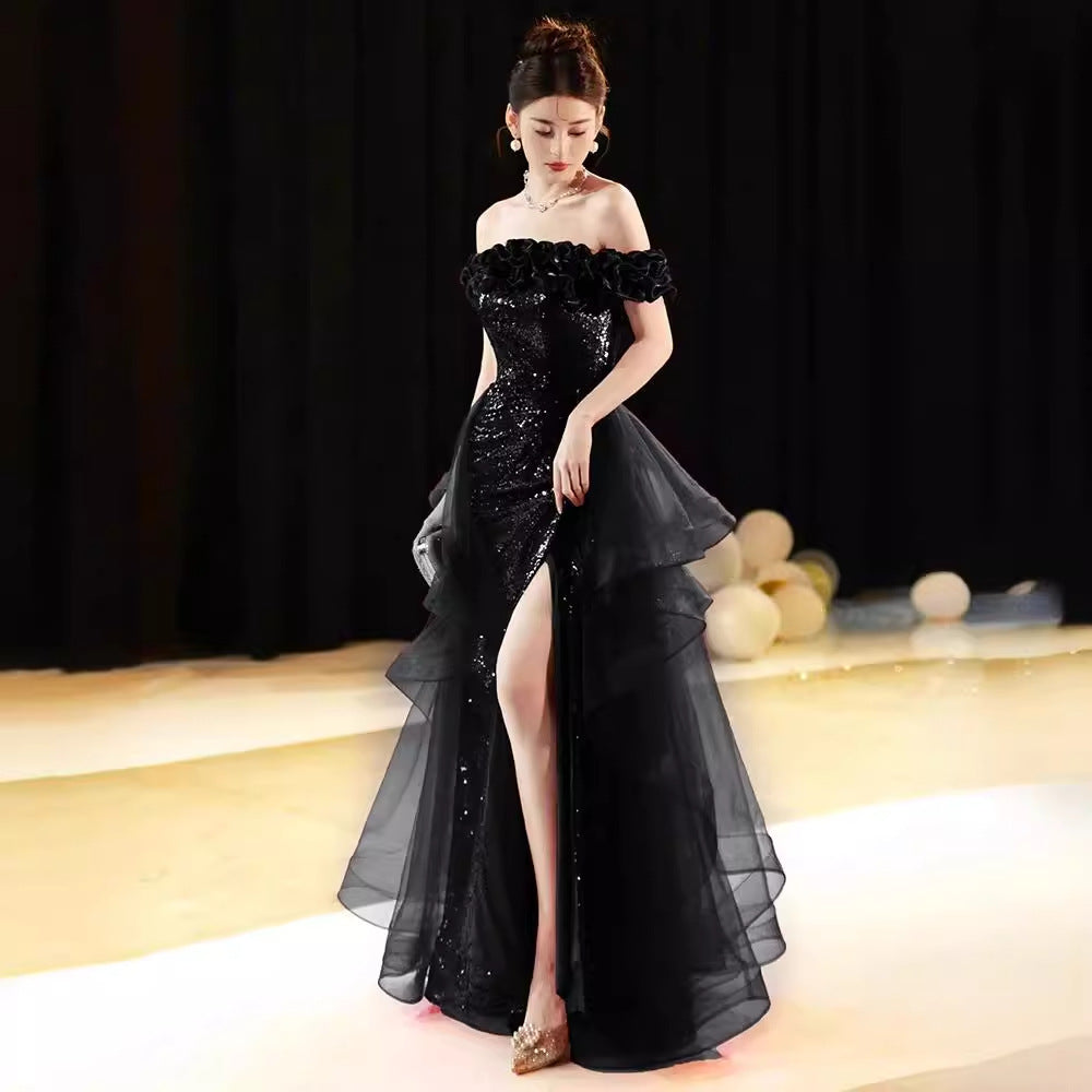 VAKKV Black off-Shoulder Evening Dress New Light Luxury Sequined High Sense Banquet Host Art Exam Annual Meeting Dress