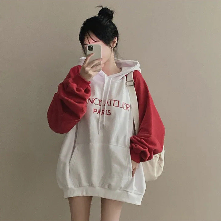 VAKKV Manufacturer 2025n retro burgundy shoulder sleeve sweater women's spring loose contrasting color splicing long sleeve oversize hooded