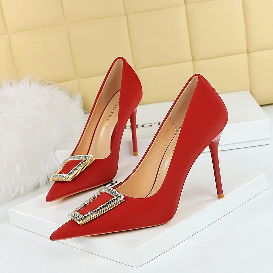 2025 3265-K8 Korean version of fashion banquet high heels thin heel shallow mouth pointed metal buckle rhinestone buckle high heel single shoes women