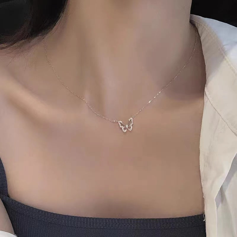 S925 Silver Light Luxury Necklace Versatile Trendy Clavicle Chain Female Butterfly Simple Niche High Sense Elegant Sweater Chain Ornament