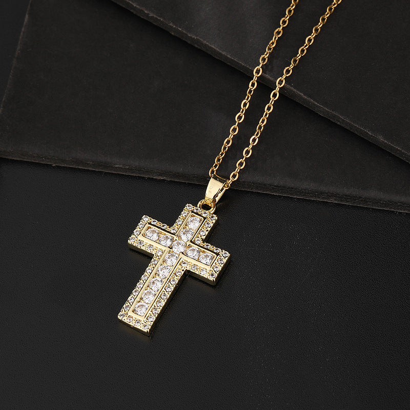 INS Vintage Gold Cross Necklace Personalized Pendant Zircon European and American Style Necklace Special-Interest Design Titanium Steel Clavicle Chain