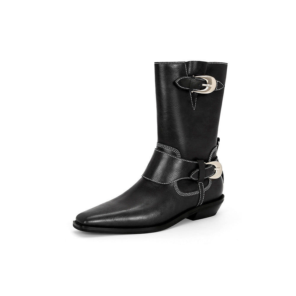 2025 Cowhide version~ Su Yinyin has the same British square head metal buckle thick heel western short boots women's Chelsea Martin boots